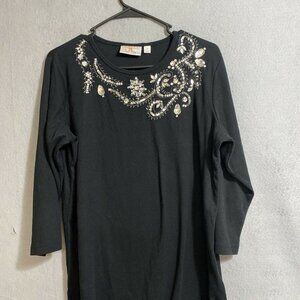 Quacker Factory Knit Black Top Women's 3/4 Sleeve‎ Jeweled Neckline Stretch Sz M